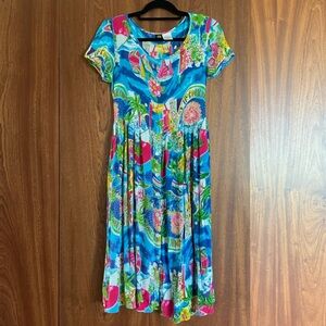 Bila Blue Tropical Cannes Novelty Print Bohemian Semi-Sheer Midi Dress